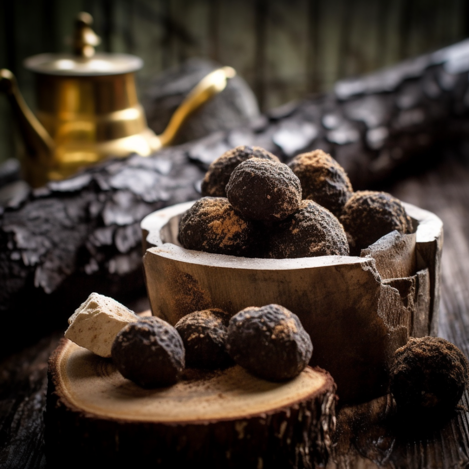 Image of Birch Chaga Truffles on a birch tree with text "Birch Chaga Truffles: A Medicinal Mushroom Grown on Birch Trees