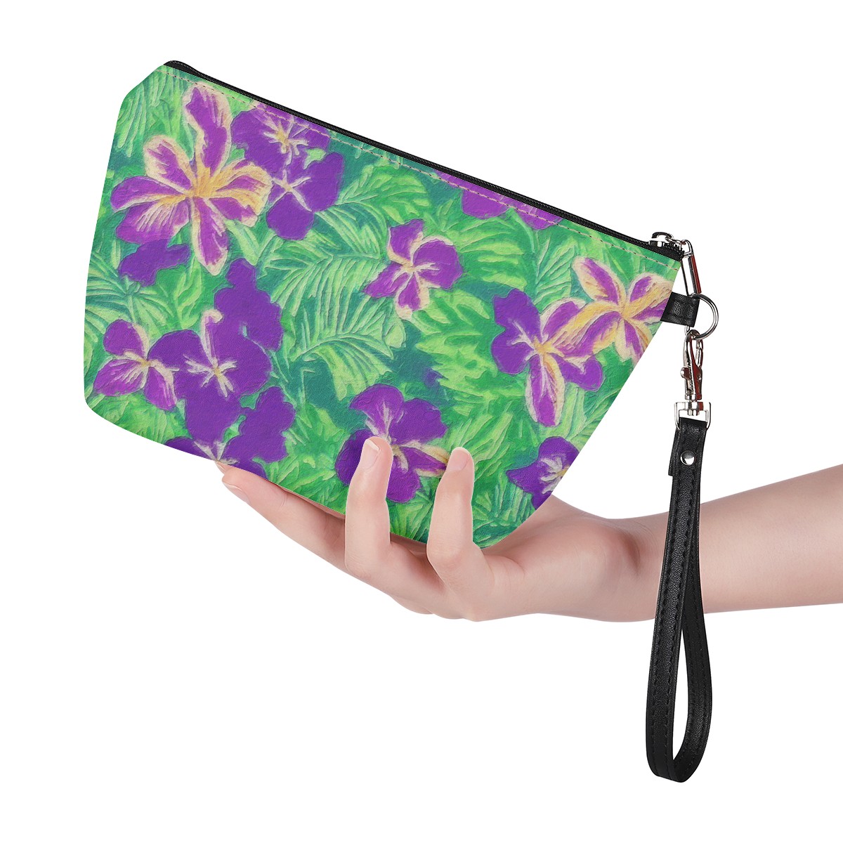 Luxtrini - Blue Flag Iris on Green Sling Cosmetic Bags